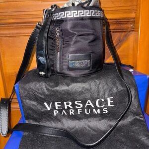 Versace Parfums Y2K Black Bucket Bag Crossbody Greek Key Drawstring Mini Duffle